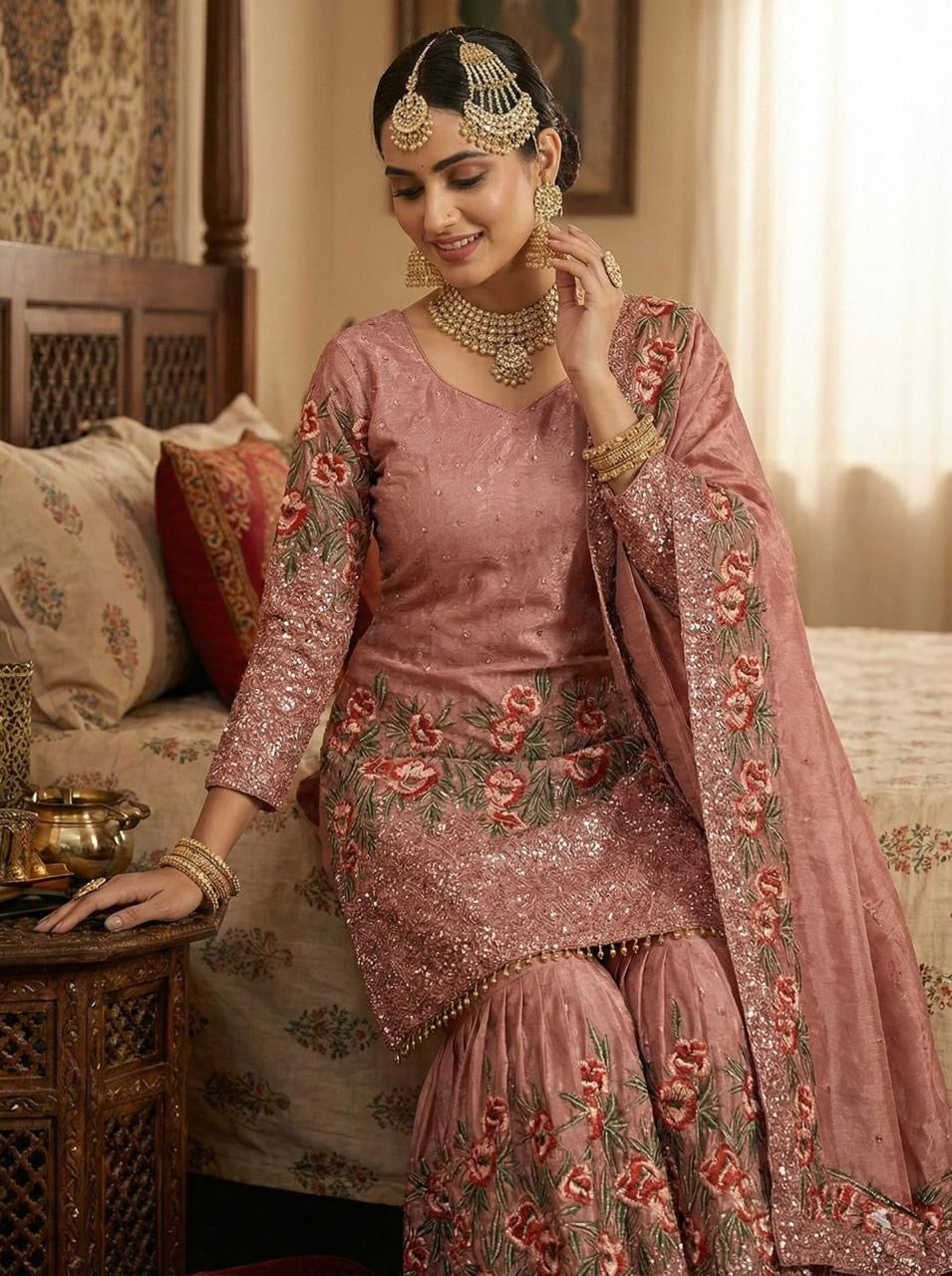 Fendy Silk Designer Kurti Sharara Dupatta Set for Eid