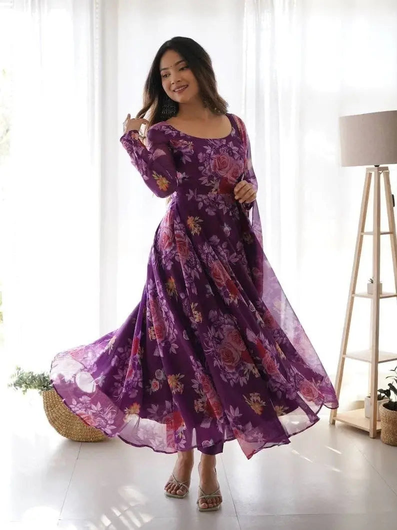 Organza Floral Digital Print Flair Dress Suit - Premium  from Ethenika.com - Just INR 1590! Shop now at Ethenika.com 