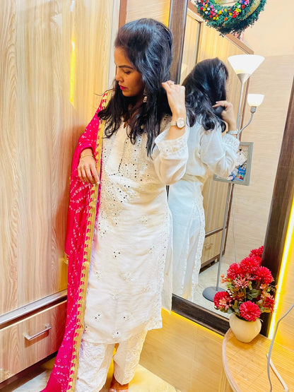 Mirror work Chikankari Kurti with Bandhani Dupatta Pant Set - Premium  from Ethenika.com - Just INR 2490! Shop now at Ethenika.com 