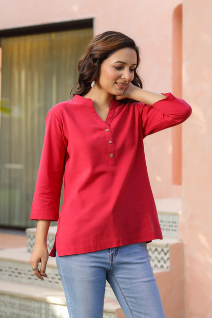 Women Mandarin Collar Pure Cotton Top