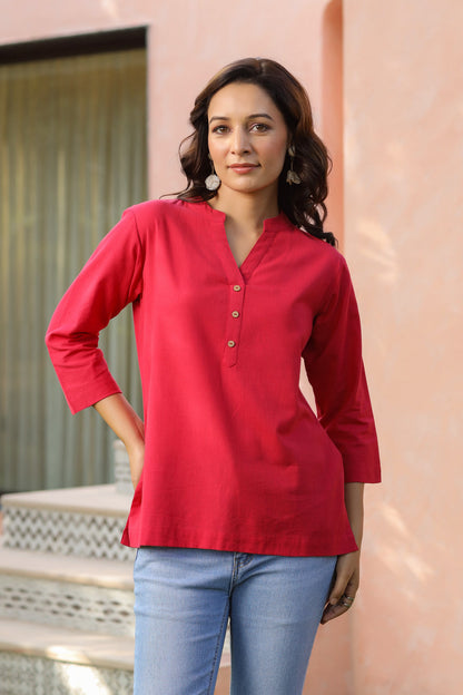 Women Mandarin Collar Pure Cotton Top
