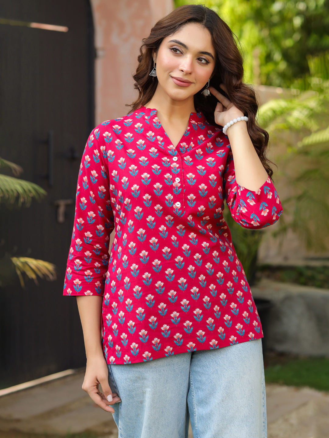 Women Floral Printed Mandarin Collar A-Line Pure Cotton Kurti