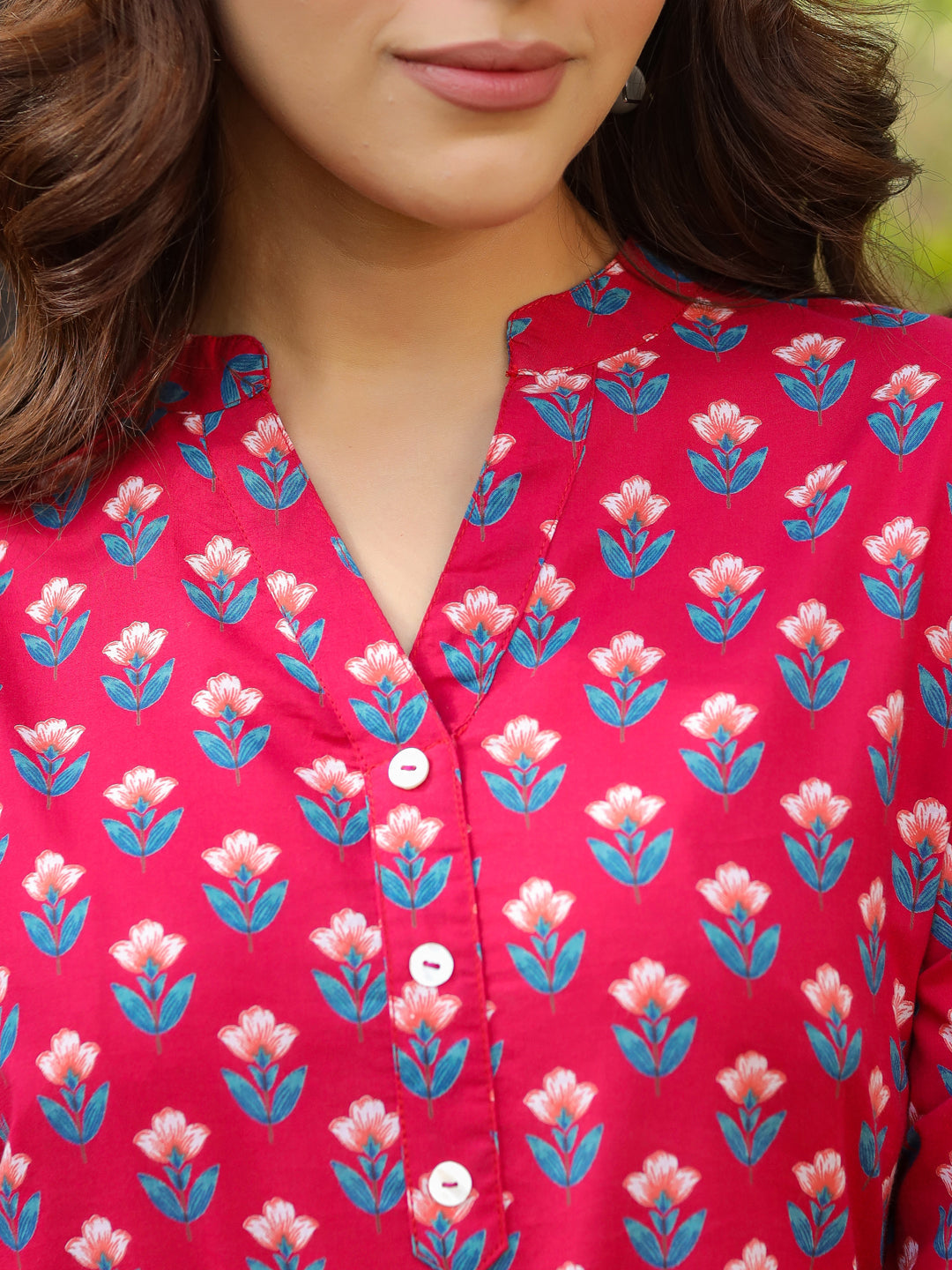 Women Floral Printed Mandarin Collar A-Line Pure Cotton Kurti