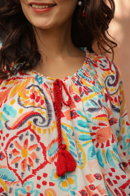 Women Print Tie-Up Neck Crepe Top