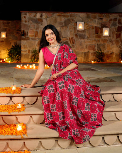 Hareeta Pink Printed Chinon Pre Draped Saree