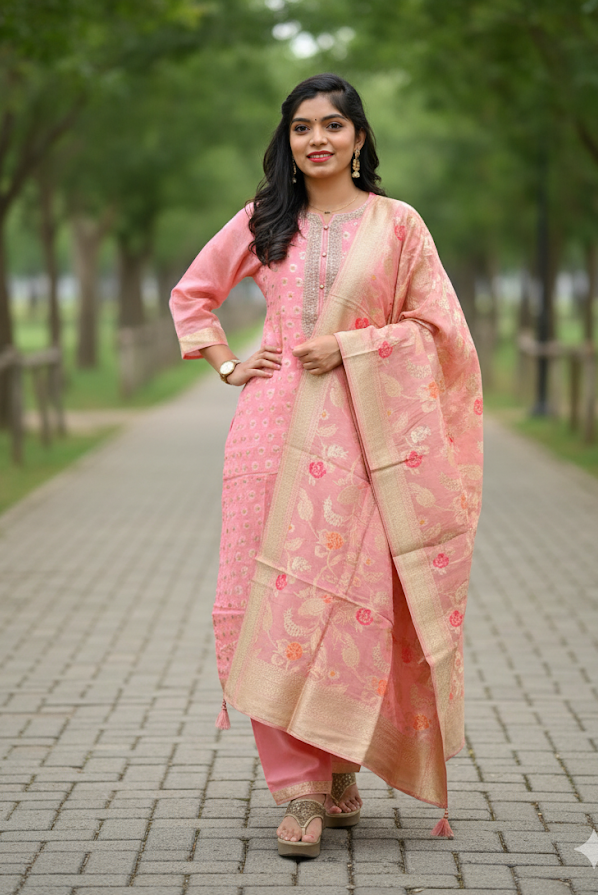 Pink Kurta With Floral Design For Women & Girls