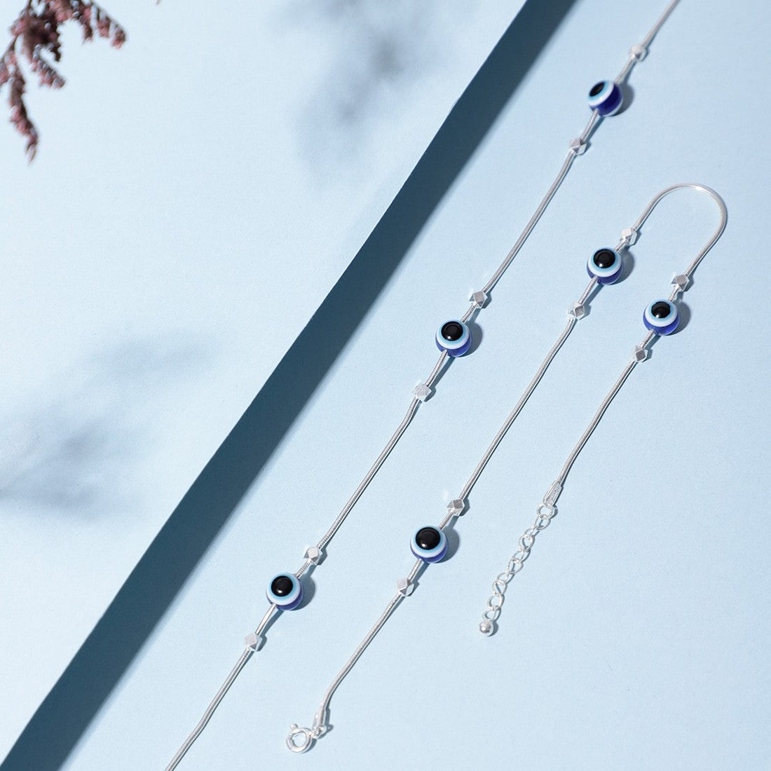 Evil Eye Beaded Rhodium Plated 925 Sterling Silver Chain Anklet