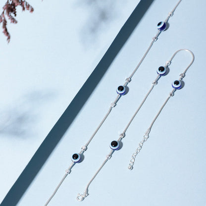 Evil Eye Beaded Rhodium Plated 925 Sterling Silver Chain Anklet