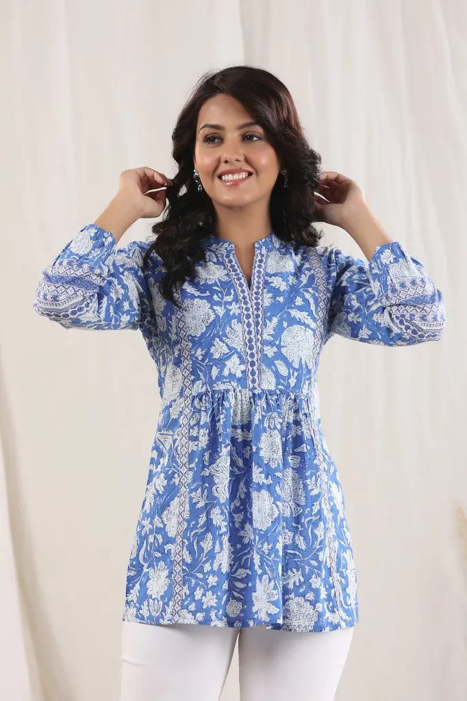 Blue Mandarin Collar Cotton Top