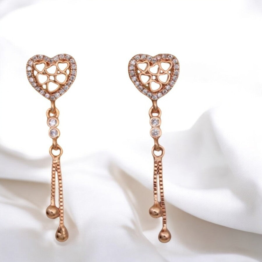 Rose Gold Plated Heart Design Dangling Earrings For Women And Girls