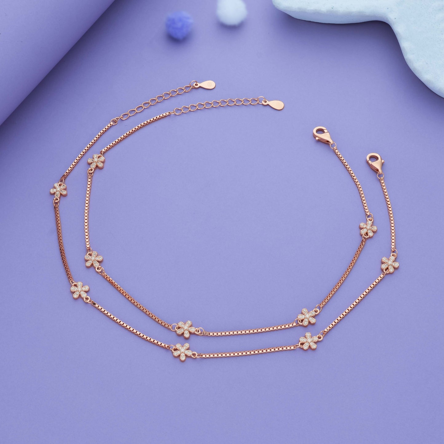 Trendy Floral Charm Rose Gold Polish 925 Silver Anklet