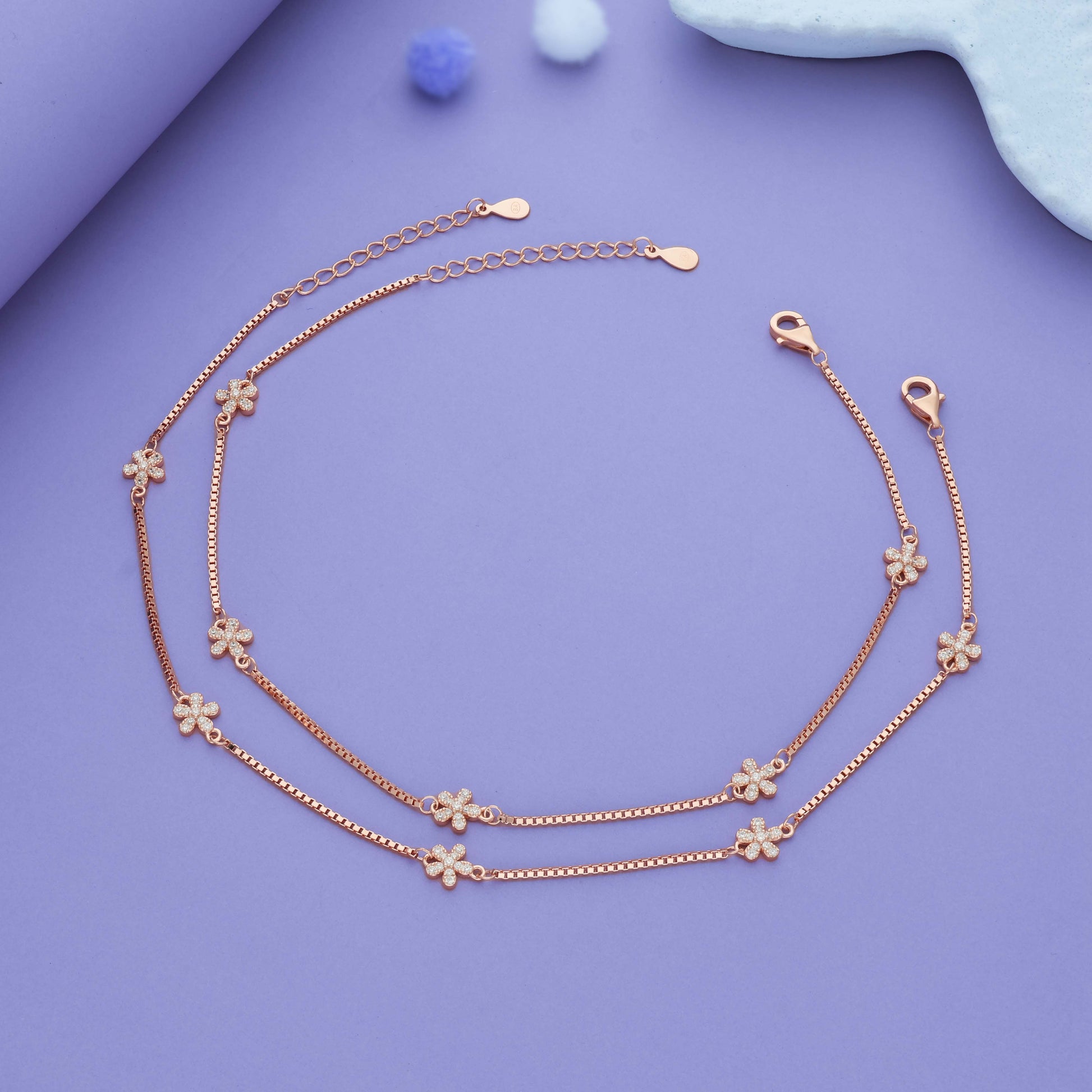 Trendy Floral Charm Rose Gold Polish 925 Silver Anklet