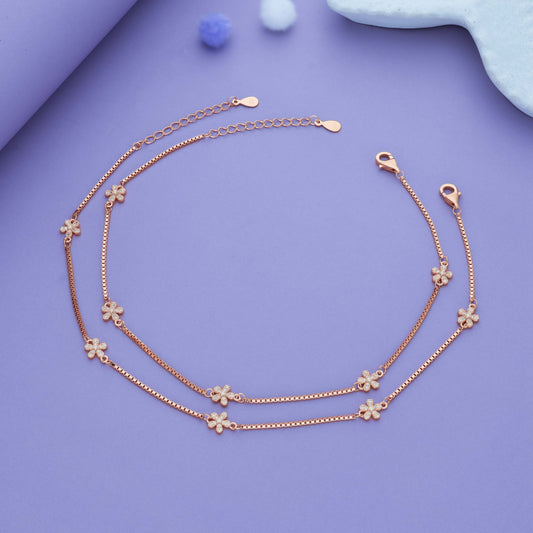 Trendy Floral Charm Rose Gold Polish 925 Silver Anklet