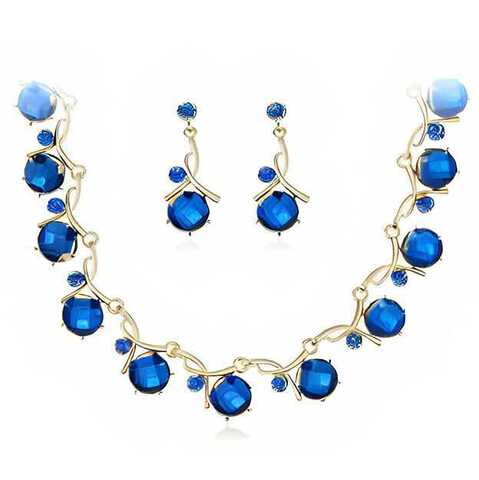 Arabic Design Gold Plated Blue Rhinestone Earrings Necklace Se