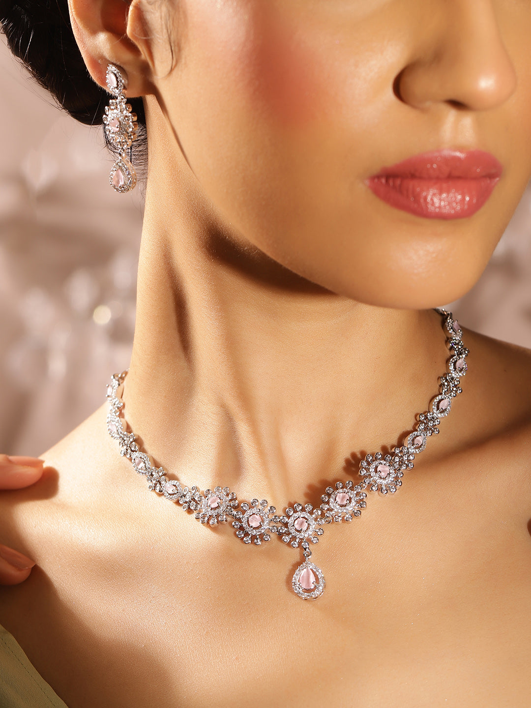Pink Stoned American Diamond Silver Plated Necklace and Floral Drop Earrings Jewellery Set