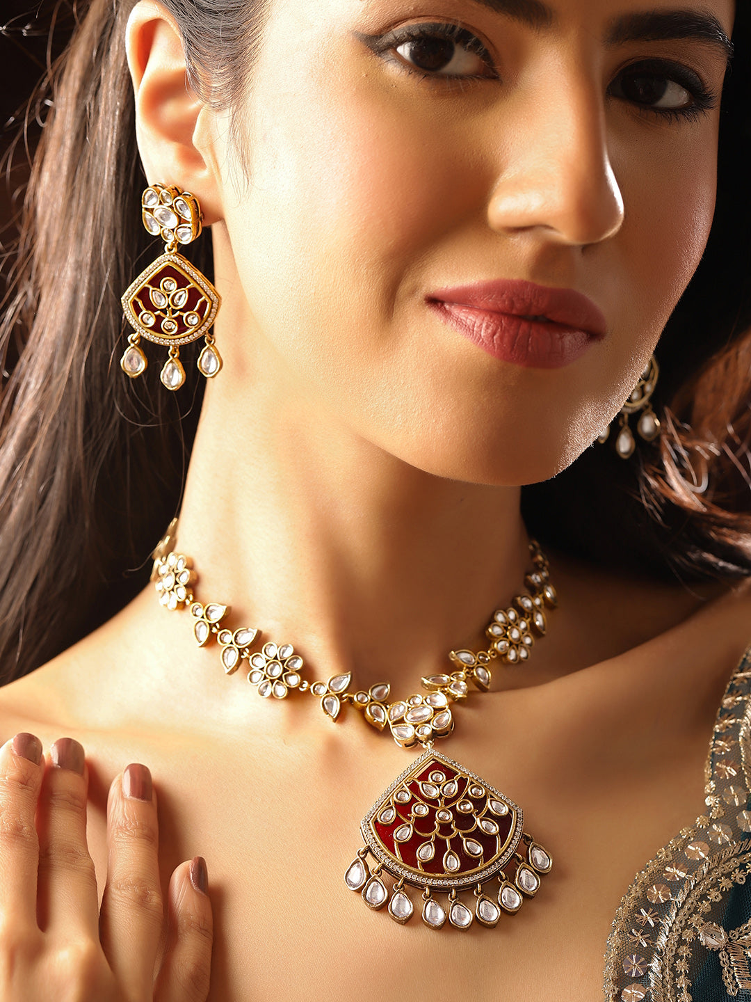 Red Stoned Polki Stonned Floral Elegance Necklace and Drop Earrings Jewellery Set