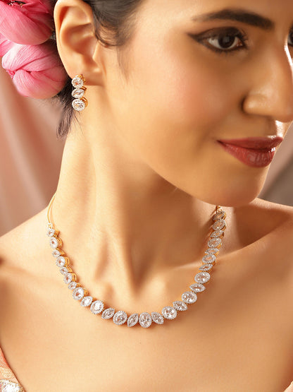 American Diamond Geometric Styled Gold Plated necklace and Drop Earrings Jewellery Set
