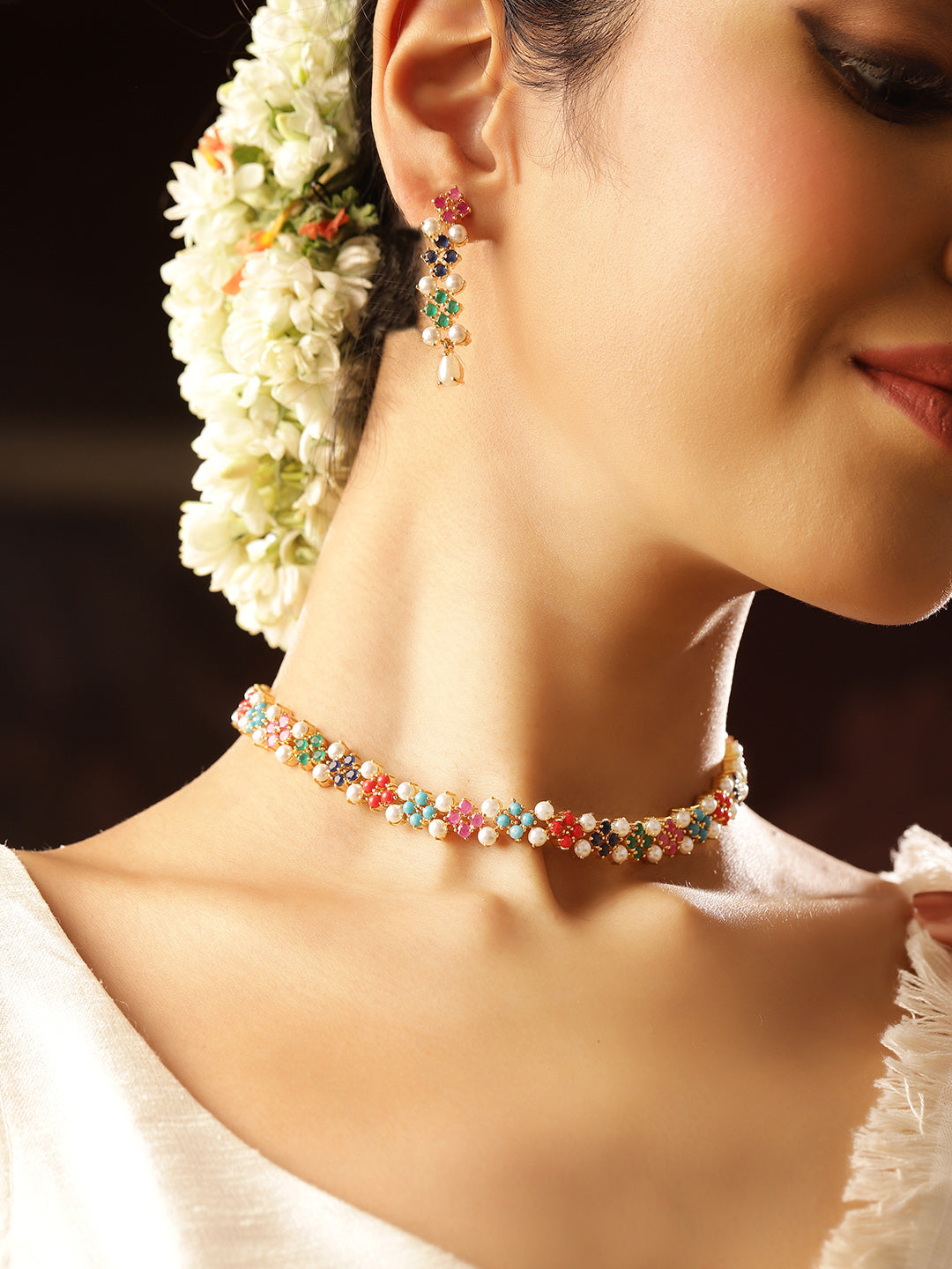 Multicolor Stones and Pearl Combo Floral Necklace Gold Plated and Drop Earrings Jewellery Set