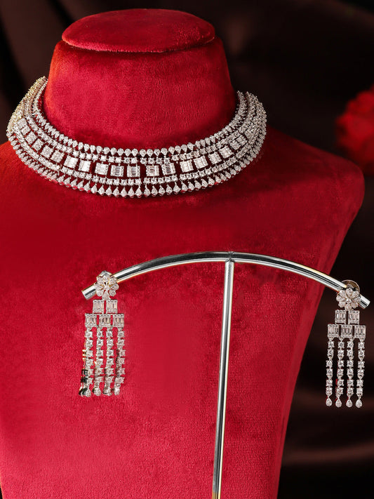 Fancy Statement American Diamond Silver Plated necklace Drop Earrings Jewellery Set