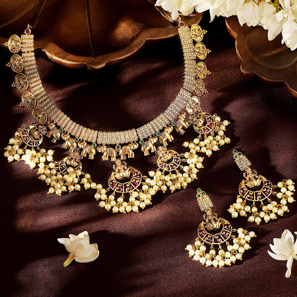 Ruby Pearl Elegance Gold Plated Lakshmi Design Necklace Drop Earrings Jewellery Set