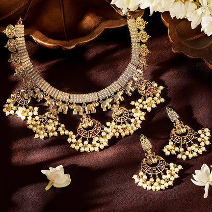 Ruby Pearl Elegance Gold Plated Lakshmi Design Necklace Drop Earrings Jewellery Set