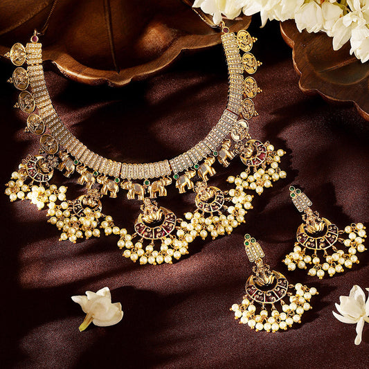 Ruby Pearl Elegance Gold Plated Lakshmi Design Necklace Drop Earrings Jewellery Set