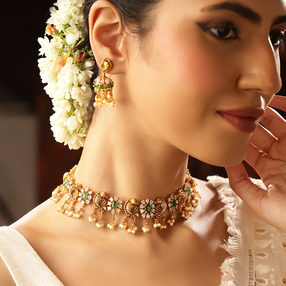 Fish Elegance Floral Pattern Gold Plated Green Stoned Necklace Jhumkis Jewellery Set