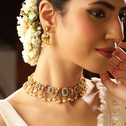 Fish Elegance Floral Pattern Gold Plated Green Stoned Necklace Jhumkis Jewellery Set