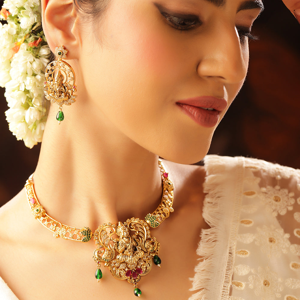 Green Beads Goddess Pattern Gold Plated Necklace Drop Earrings Jewellery Set