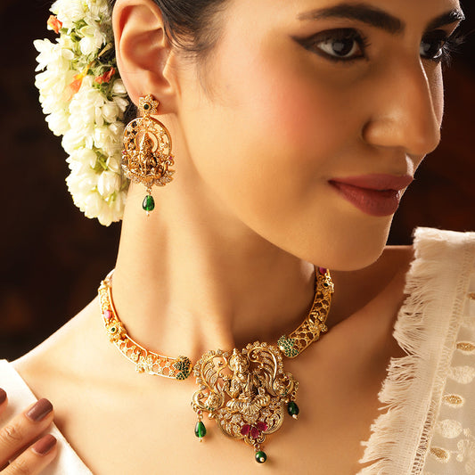 Green Beads Goddess Pattern Gold Plated Necklace Drop Earrings Jewellery Set