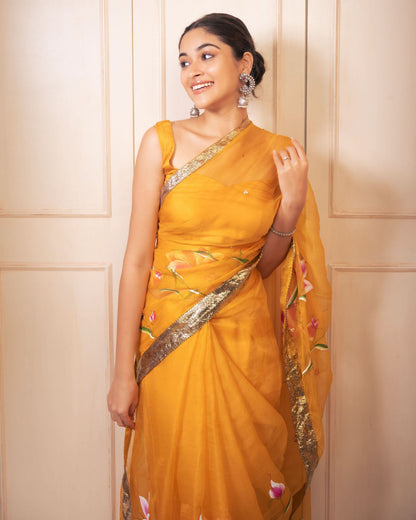 Surya Handpainted Gota Pure Organza Saree