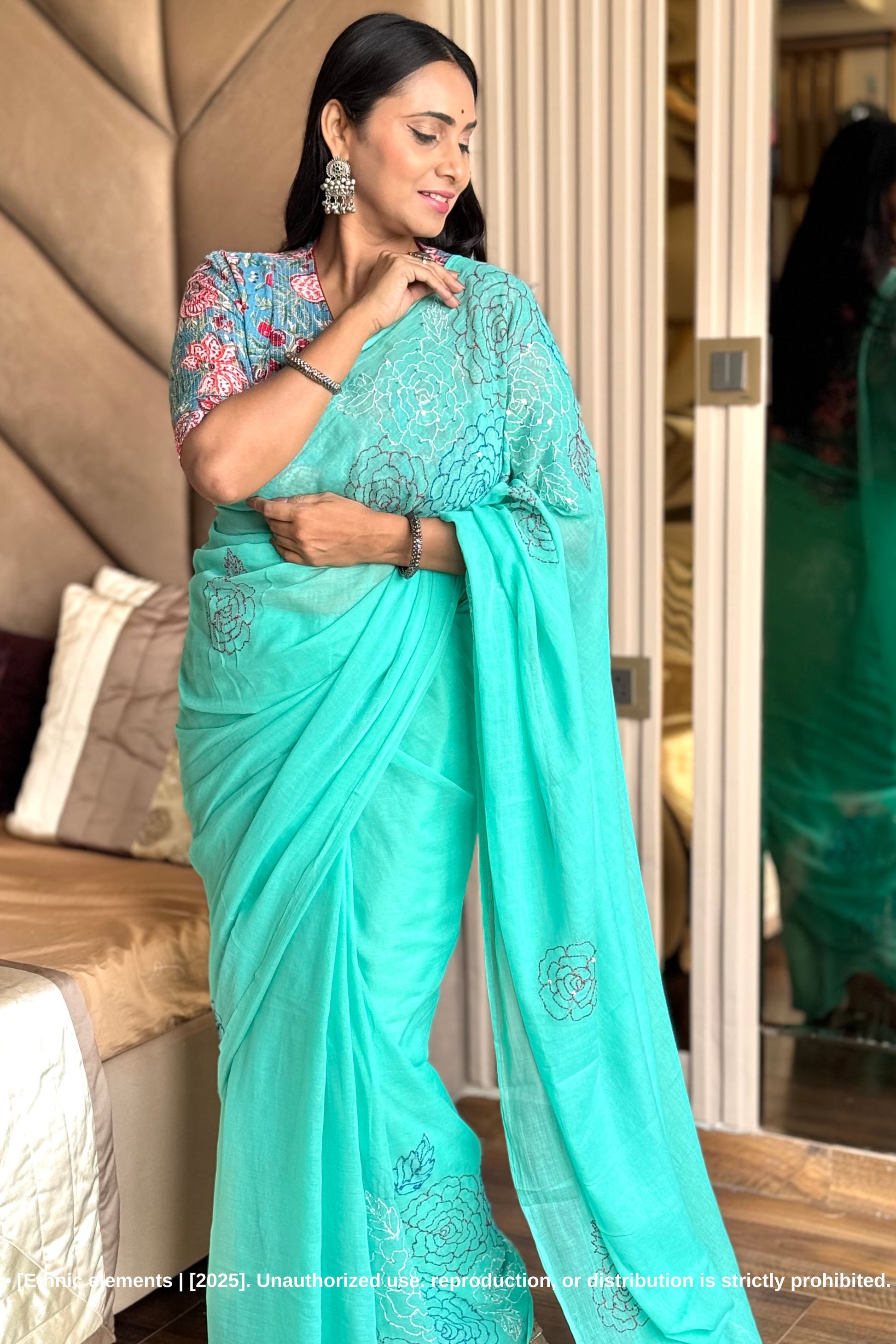 Rose Kantha Embroidered Mul Cotton Saree - Green