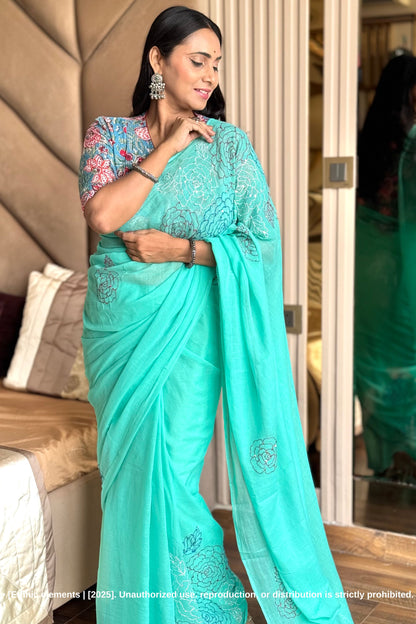 Rose Kantha Embroidered Mul Cotton Saree - Green