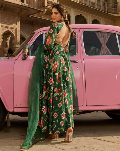 Zehra Green Printed Chanderi Suit Set