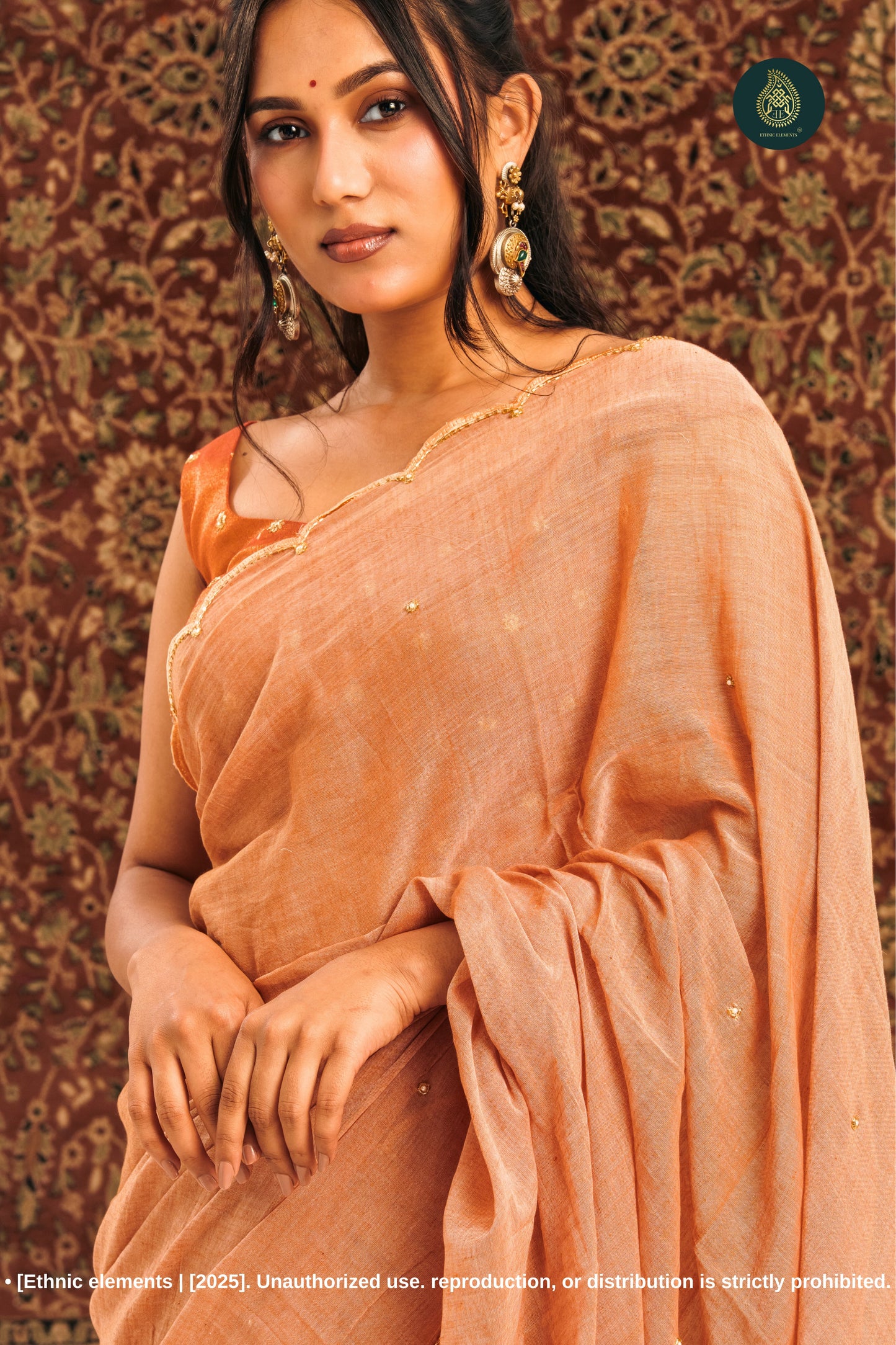 Handcrafted Zardozi & Cutdana Mul Cotton Saree - Rust Vanilla