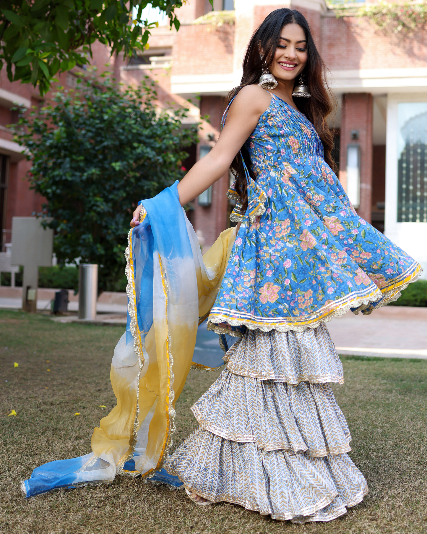 Symphonic Blue Handblock Sharara Set