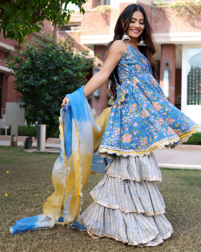 Symphonic Blue Handblock Sharara Set