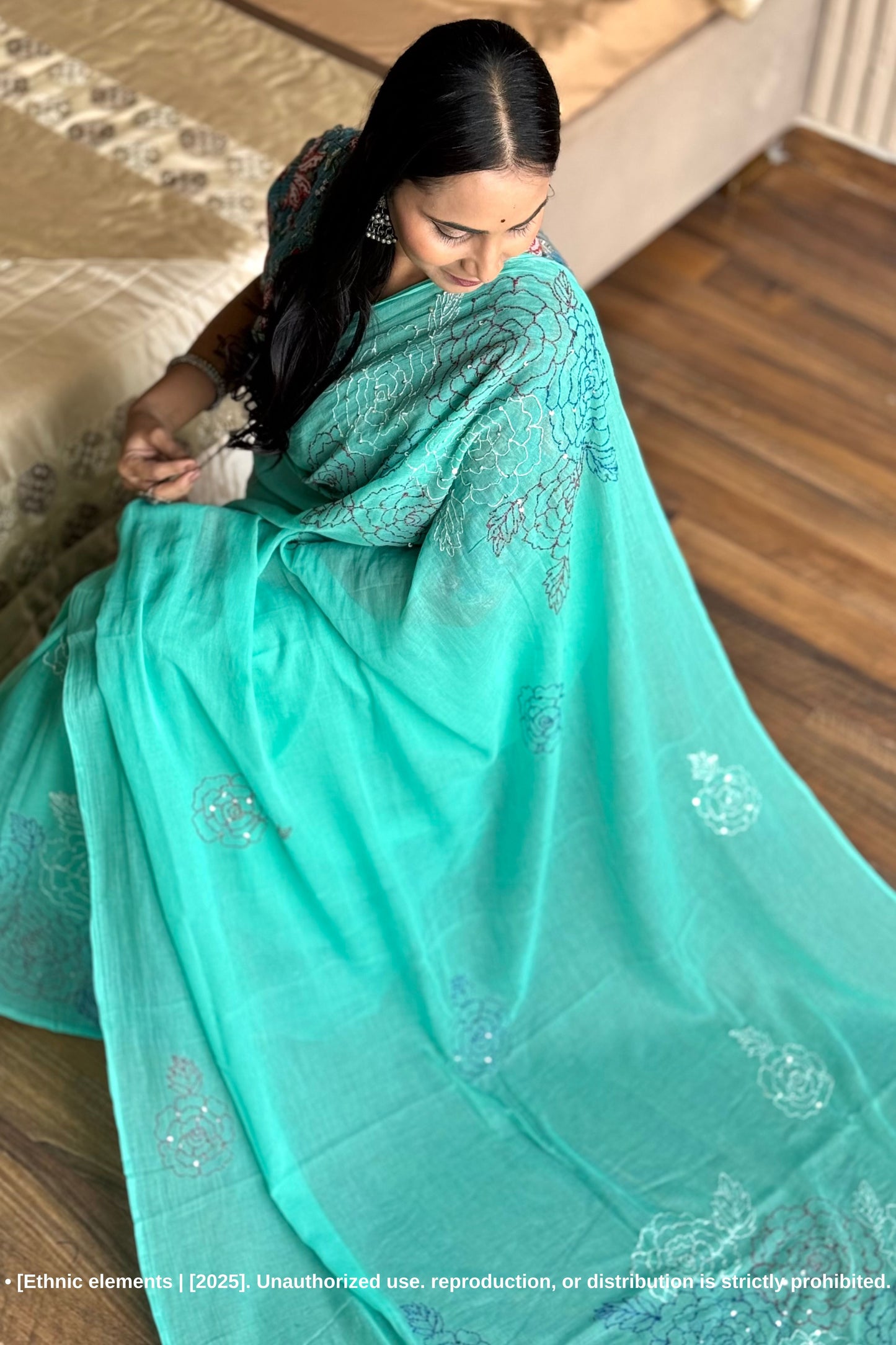 Rose Kantha Embroidered Mul Cotton Saree - Green