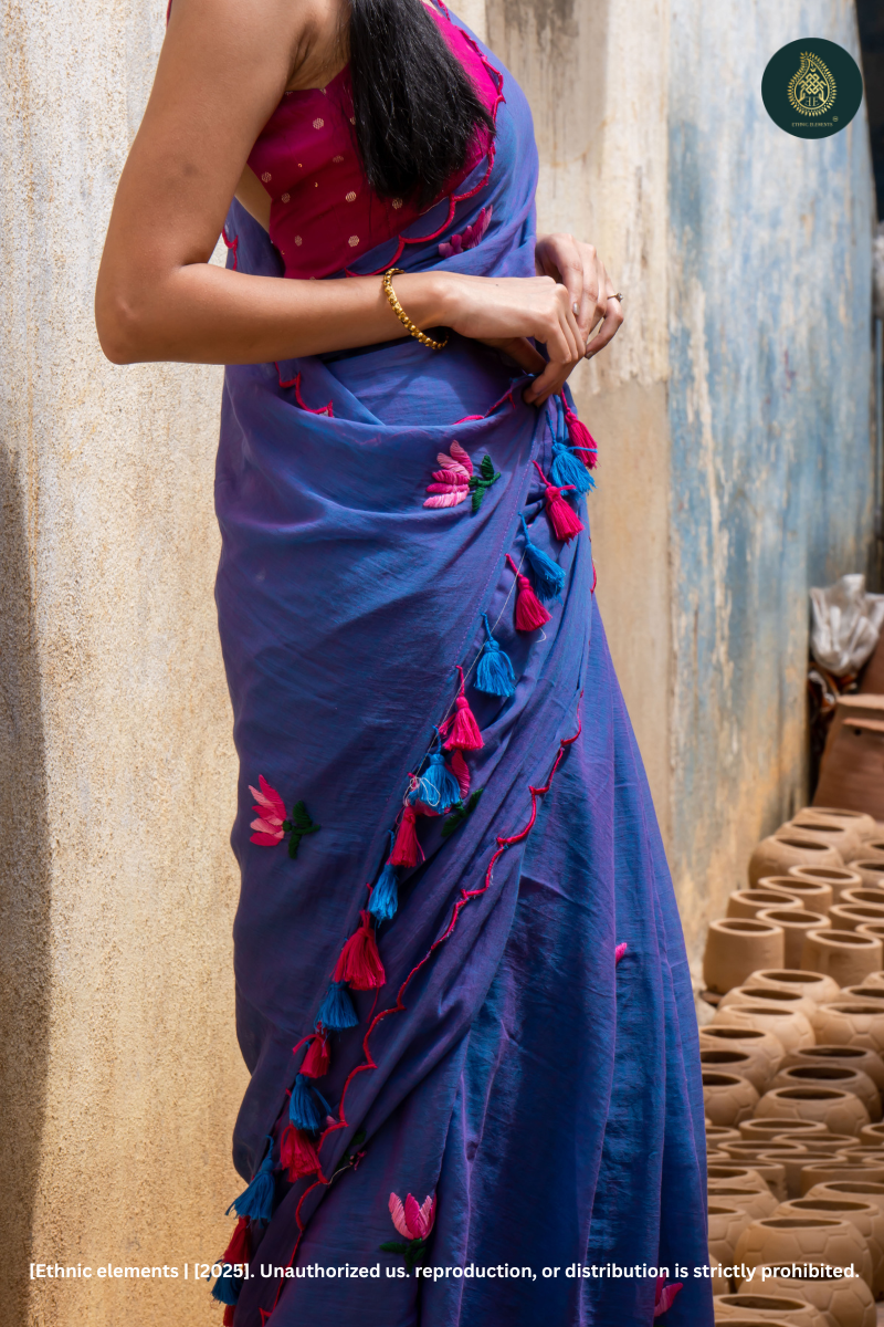 Blue Mul Cotton Saree With Lotus Hand Embroidery