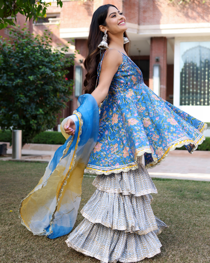 Symphonic Blue Handblock Sharara Set
