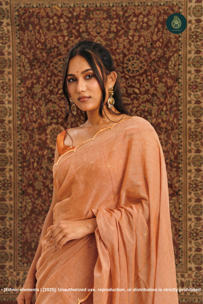Handcrafted Zardozi & Cutdana Mul Cotton Saree - Rust Vanilla