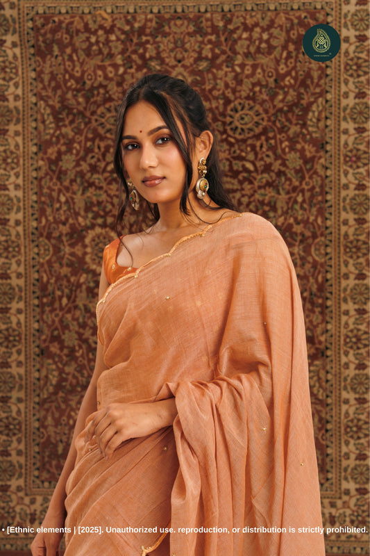 Handcrafted Zardozi & Cutdana Mul Cotton Saree - Rust Vanilla