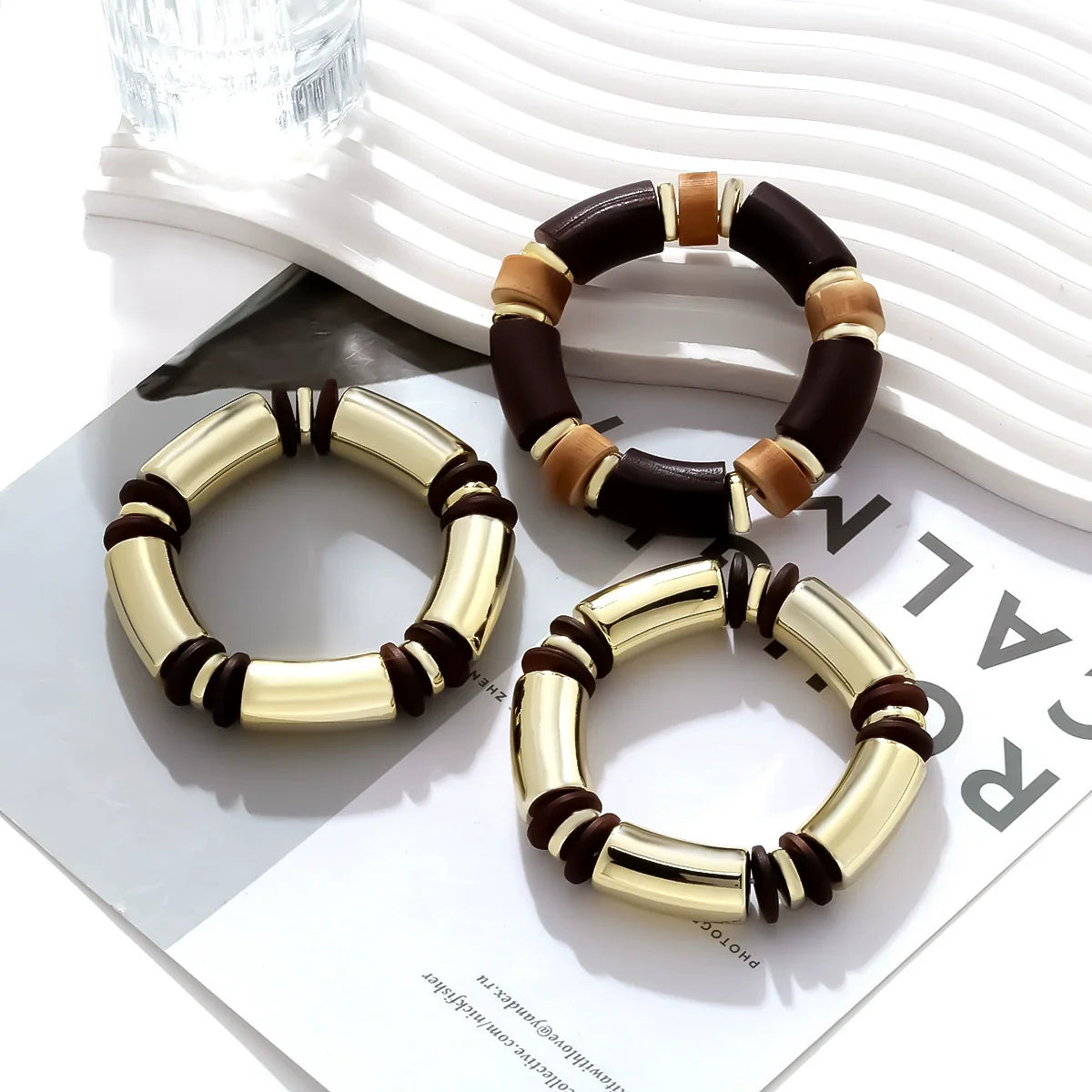 Bold Luxe Barrel Bead Bracelet – Gold & Earthy Brown Design JLTB0856 - Pack of 3