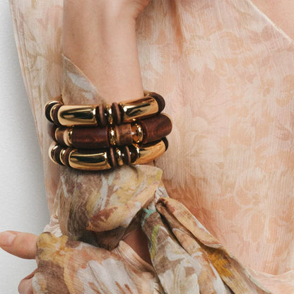 Bold Luxe Barrel Bead Bracelet – Gold & Earthy Brown Design JLTB0856 - Pack of 3