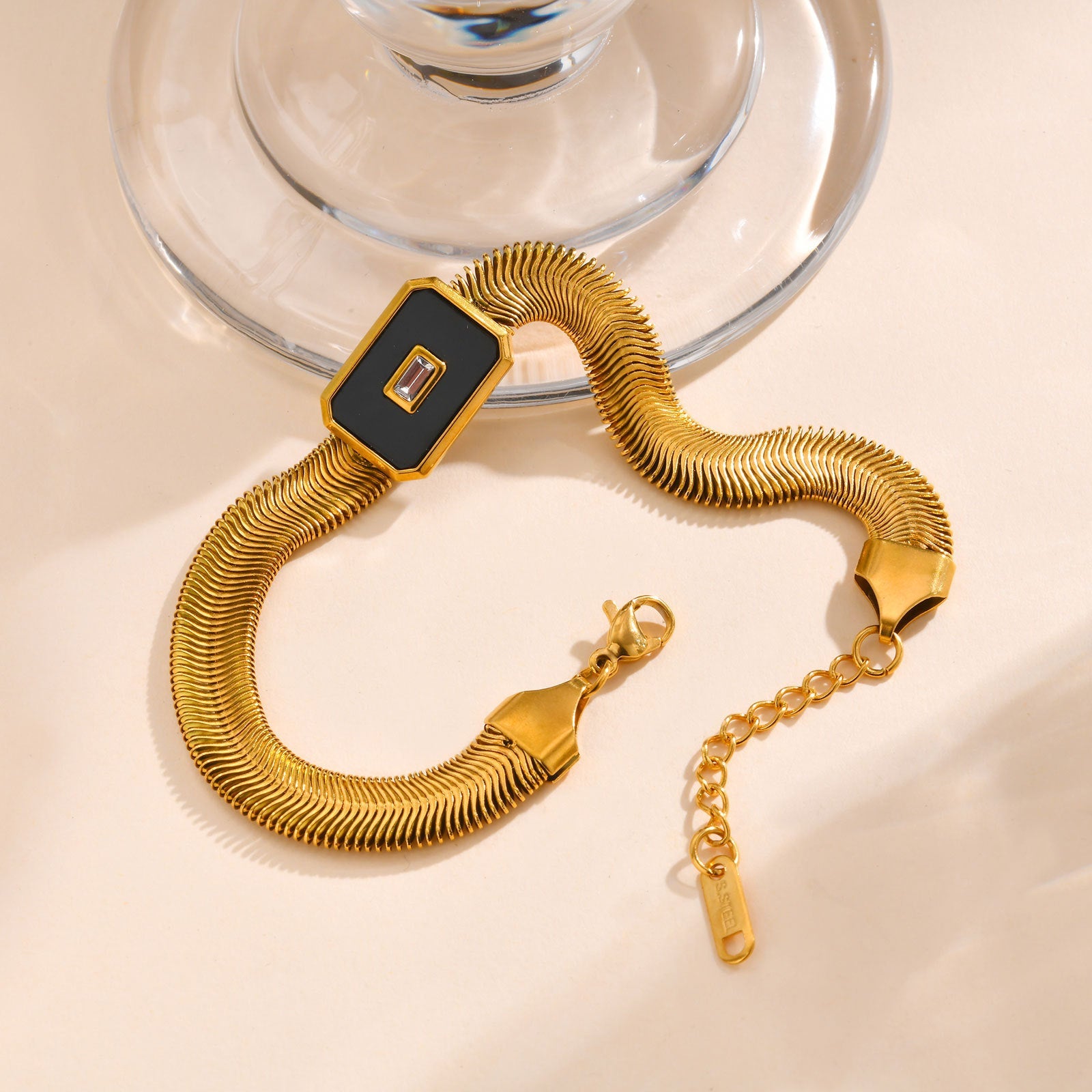 Luxe Black Enamel & Rectangular Stone Accent Gold-Toned Snake Chain Bracelet JLTB0857