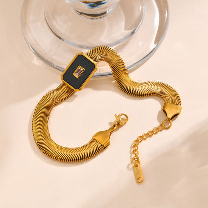 Luxe Black Enamel & Rectangular Stone Accent Gold-Toned Snake Chain Bracelet JLTB0857