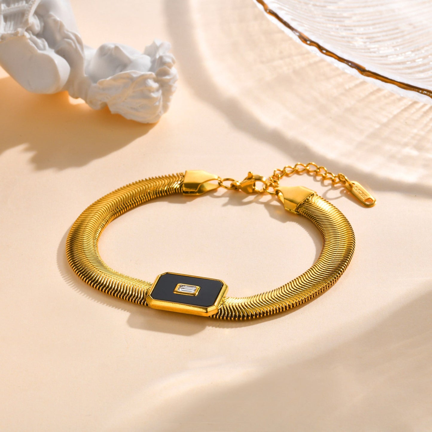 Luxe Black Enamel & Rectangular Stone Accent Gold-Toned Snake Chain Bracelet JLTB0857