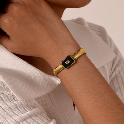 Luxe Black Enamel & Rectangular Stone Accent Gold-Toned Snake Chain Bracelet JLTB0857
