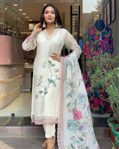 Premium Organza Digital Print work Summer Wear Kurti Pant Dupatta Set (Stitched) - Premium  from Ethenika.com  - Just INR 2990! Shop now at Ethenika.com 
