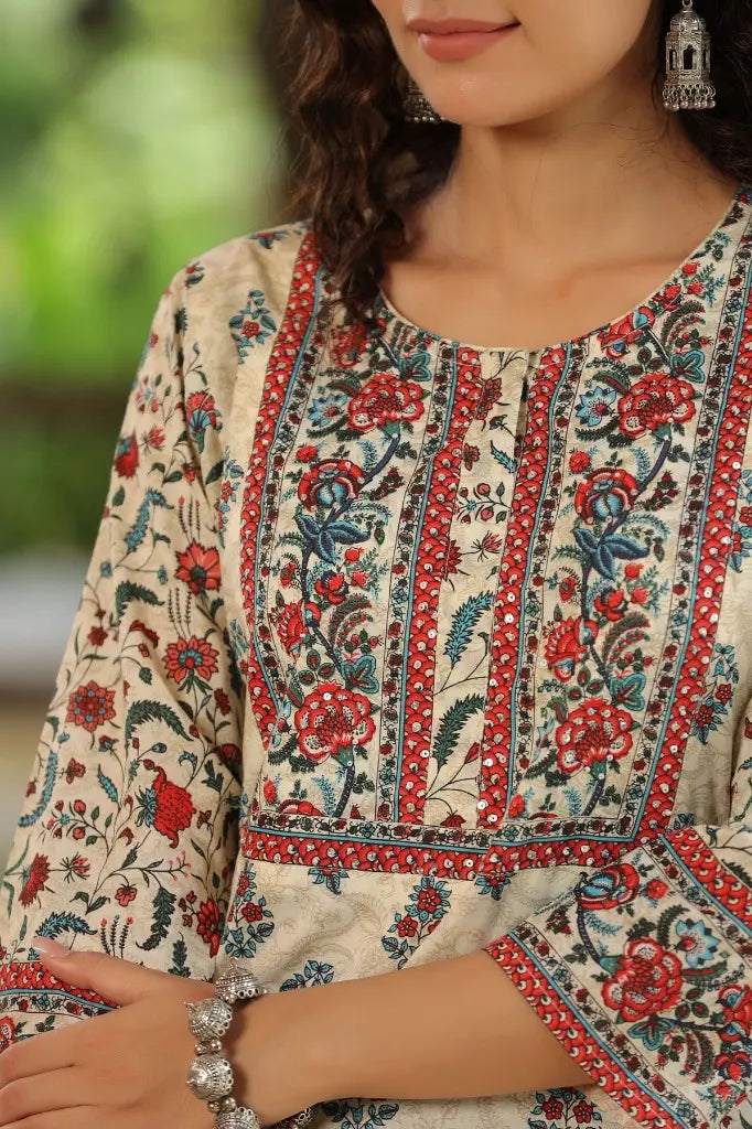 Women Cream Mix & Match Printed Panelled A-line Kurta
